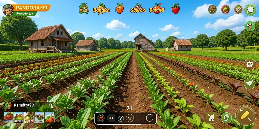 Tangkapan layar PANDORA99 menunjukkan gameplay pertanian yang seru dan interaktif.