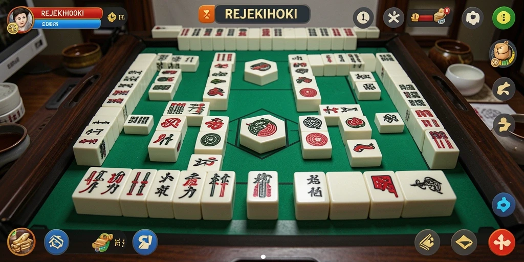 Tampilan gameplay seru dari REJEKIHOKI yang menampilkan ubin Mahjong.